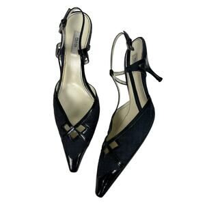 Prada Vintage Y2K Black Tweed Patent Leather Pointed Toe Slingback Kitten Heels